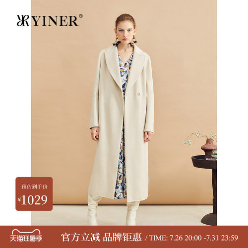 YINER音儿女装冬季时尚中长款西装领羊毛混纺双面呢大衣外套