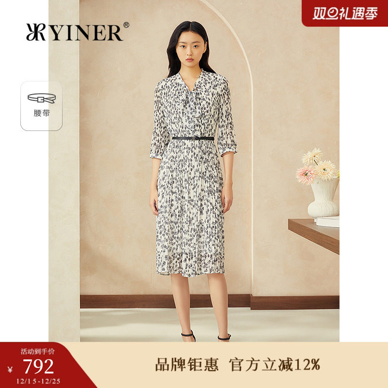 【周末花园】YINER音儿专选2025夏季新款碎花蝴蝶结领皱褶连