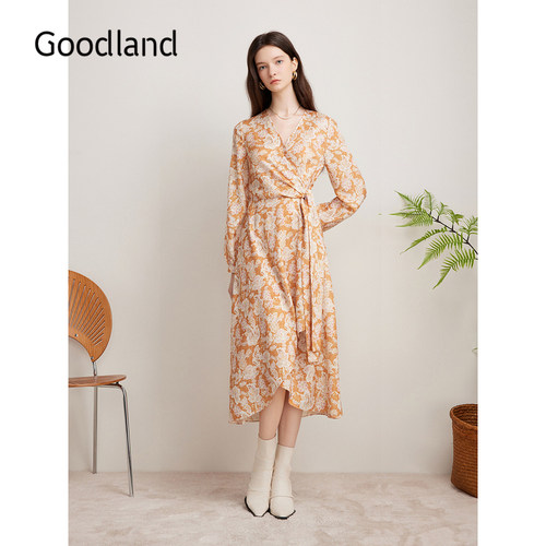 Goodland美地秋季法式朱伊碎花茶歇交叠V领连衣裙长袖