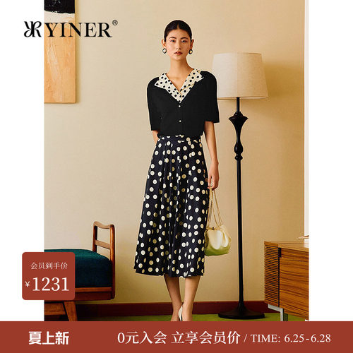 YINER音儿女装夏季时尚复古波点弹力桑蚕丝高腰A字半身裙