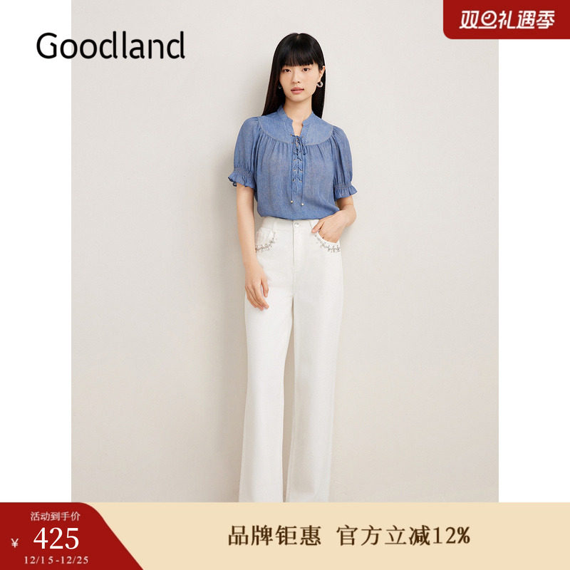 Goodland美地女装夏季优雅雪纺肌理衬衫法式牛仔上衣