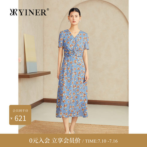 YINER音儿专选女装夏季时尚花朵印花V领高腰弹力桑蚕丝连衣裙