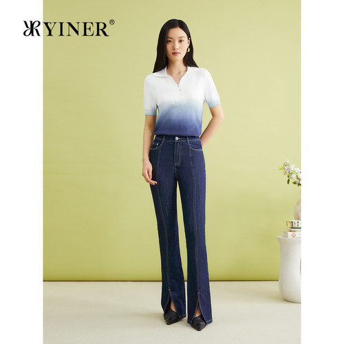 YINER音儿女装夏季法式优雅微喇设计感开衩高腰压线牛仔裤