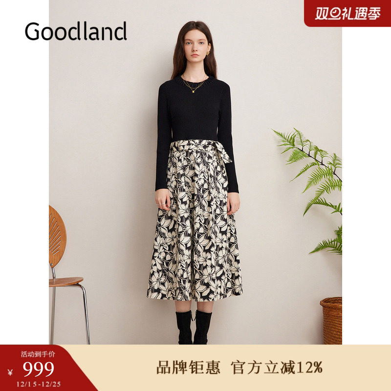 Goodland美地女装秋季撞色黑白碎花假两件针织连衣裙