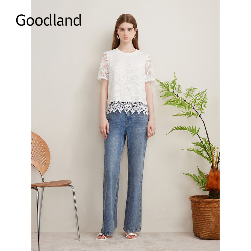 Goodland美地夏季艺术镂空肌理T恤蕾丝短袖上衣