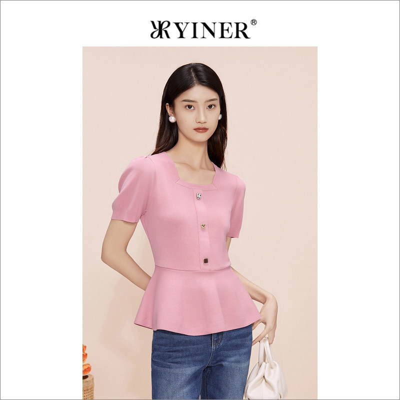 YINER音儿专选女装夏季复古法式方领气质桃粉色针织衫套头上衣