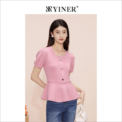 YINER音儿专选女装夏季复古法式方领气质桃粉色针织衫套头上衣