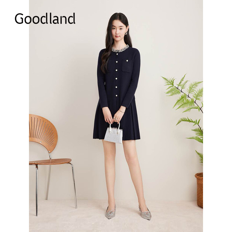 Goodland美地秋季法式小香风钉珠装饰拼接百褶针织连衣裙