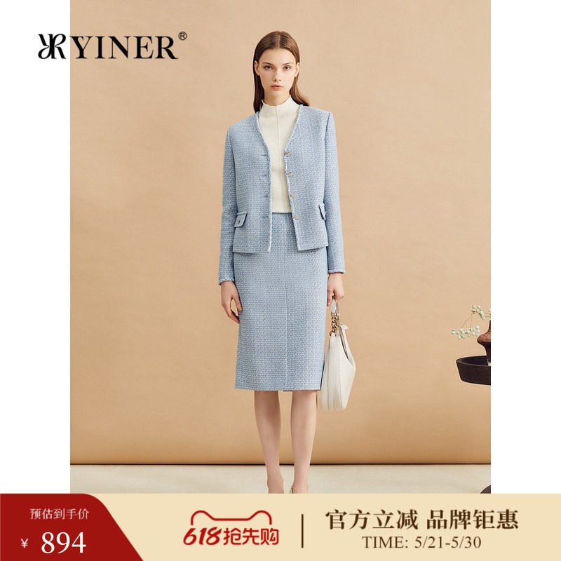 YINER音儿女装女装冬季时尚法式小香风V领亮丝粗花呢短外套