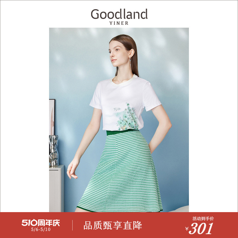 [南国花园]Goodland美地女装夏季纯棉绣花针织衫花朵T恤