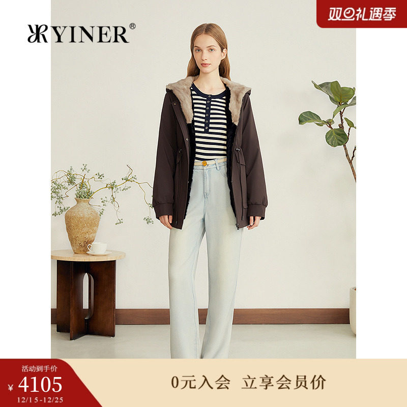 YINER音儿专选女装冬季时尚水貂毛真皮皮草一手长派克服