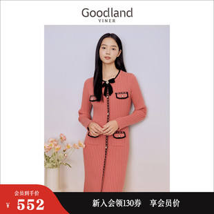 Goodland美地女装 撞色蝴蝶结收腰连衣裙 2023冬季 名媛小香风