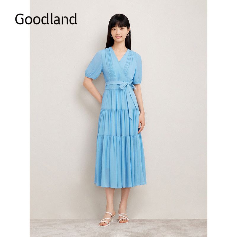 【博主同款】Goodland美地秋季法式高腰雪纺茶歇连衣裙