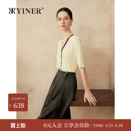 YINER音儿春季新款法式不对称撞色V领桑蚕丝混纺针织衫套头
