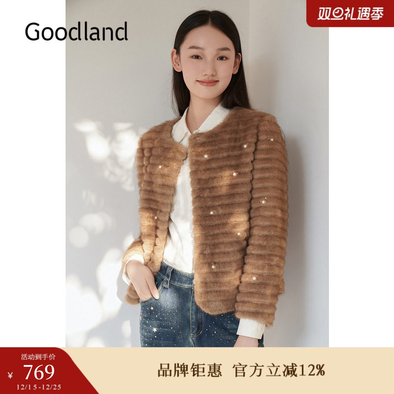 Goodland美地女装冬季仿皮草珍珠点缀气质短外套