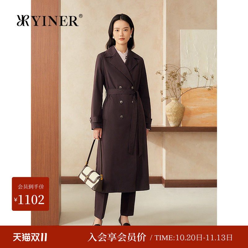 【醋酸系列】YINER音儿春季新款复古双排扣中长款风衣外套薄长袖