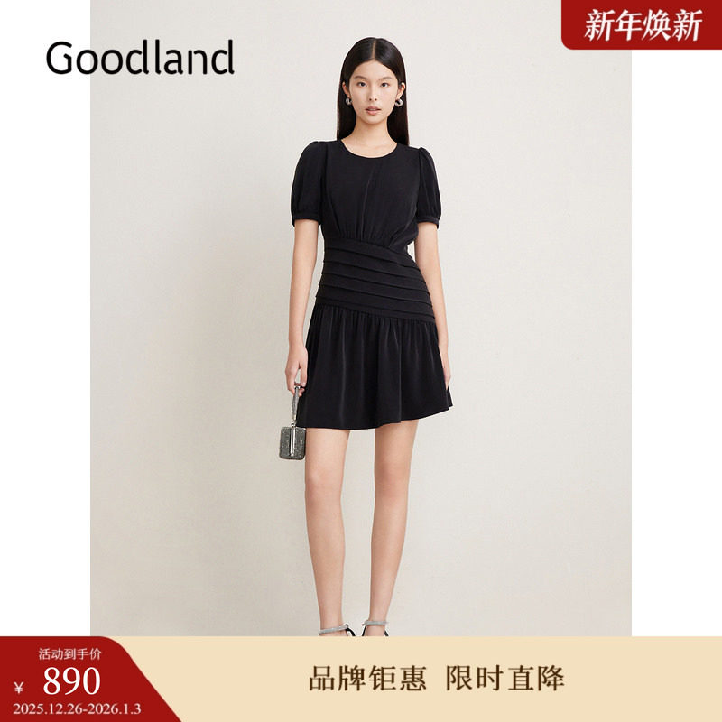 Goodland美地夏季法式赫本风小黑裙收褶连衣裙