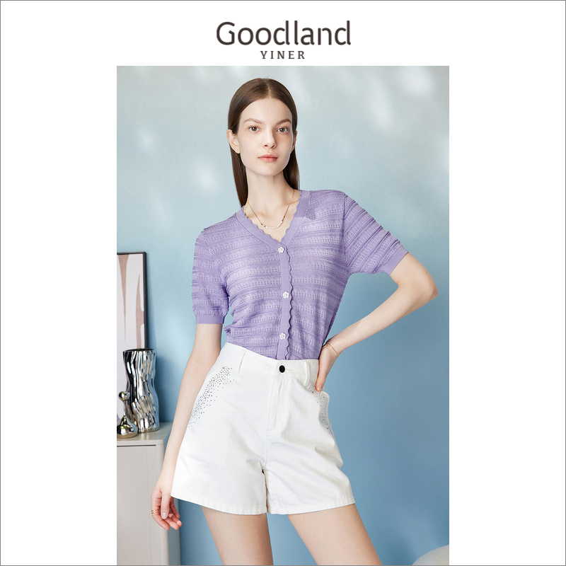 【紫雾春城】Goodland美地女装夏季提花金葱闪丝针织衫