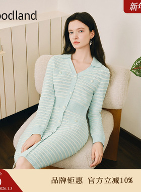 Goodland美地女装冬季时尚法式条纹花纱海鸥领针织连衣裙