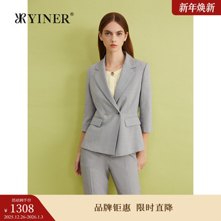 仿麻化纤垂感微收腰休闲西装 时尚 外套 夏季 YINER音儿女装