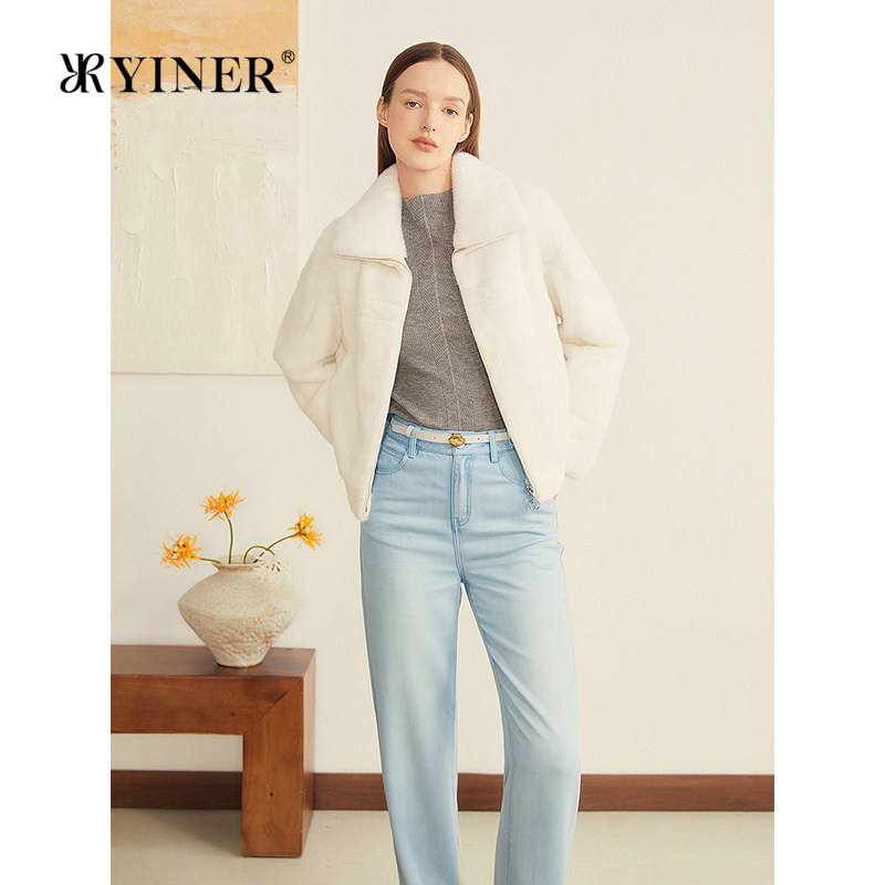 YINER音儿专选秋季新款法式母貂整貂拉链翻领短款皮草外套