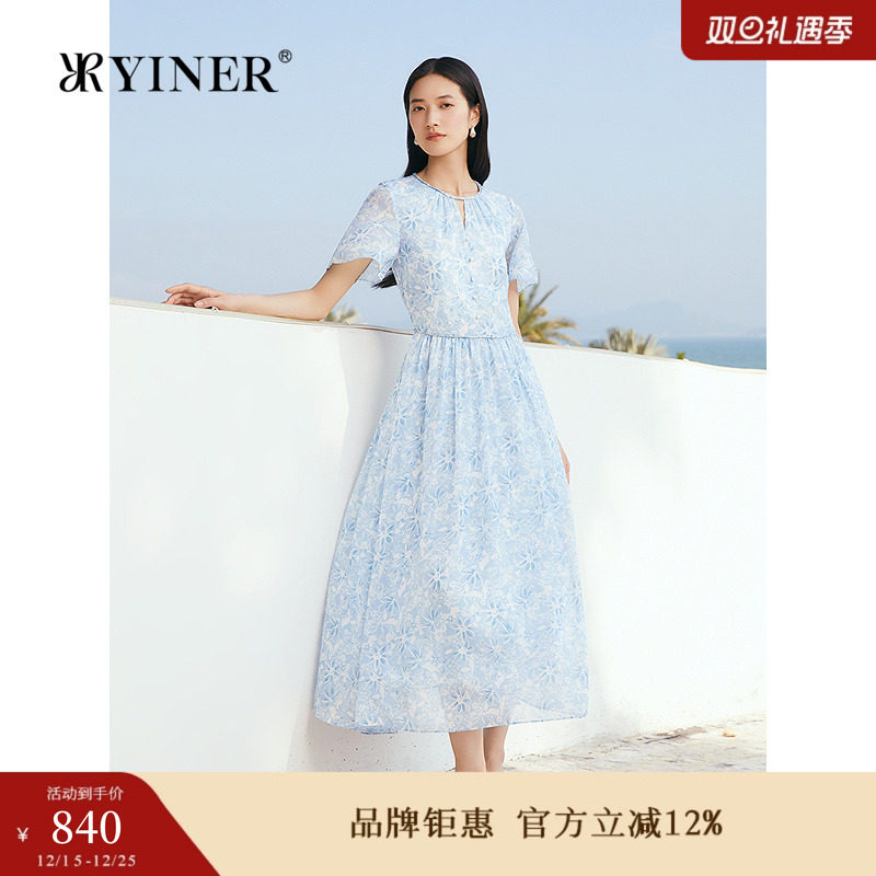 YINER音儿专选2025夏季新款镂空小V领虞美人方格雪纺纱印花