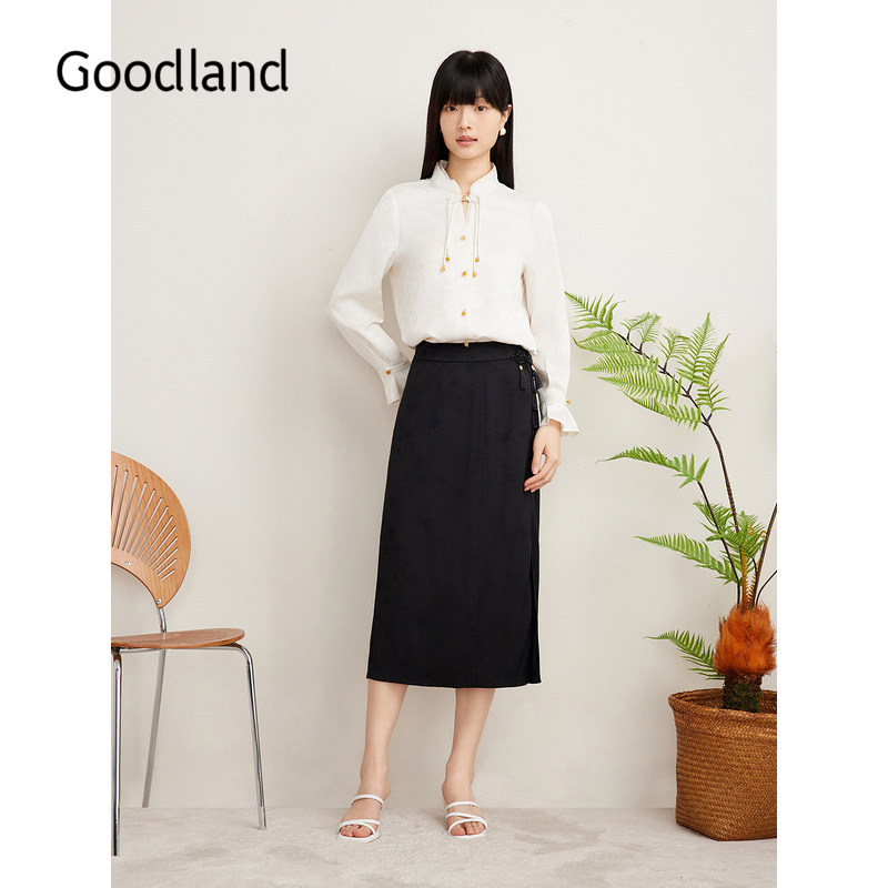 【新中式】Goodland美地女装夏季盘扣提花肌理单开衩半身裙