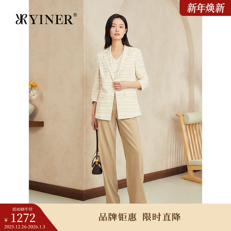 YINER音儿2025夏季新款撞色条纹透气亚麻修身S型驳领西装外
