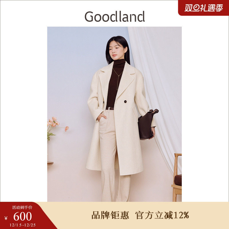 Goodland美地女装冬季大茧型两粒扣羊毛双面毛呢大衣外套