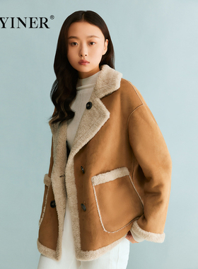 YINER音儿专选女装冬季时尚短款正反两面穿纯羊毛大衣外套