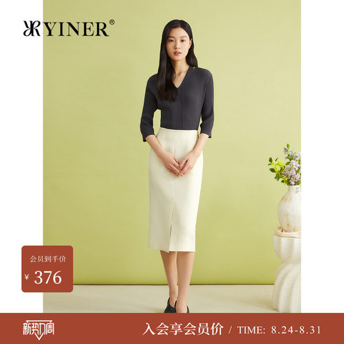 YINER音儿女装春季镂空V领桑蚕丝毛针织衫