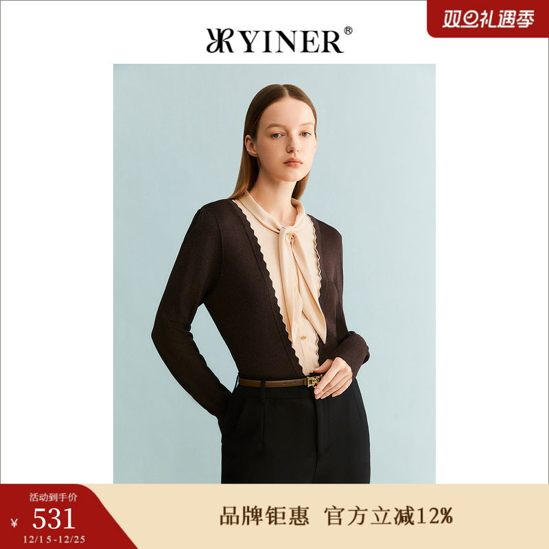 YINER音儿专选女装秋季法式优雅套头上衣撞色飘带领针织衫