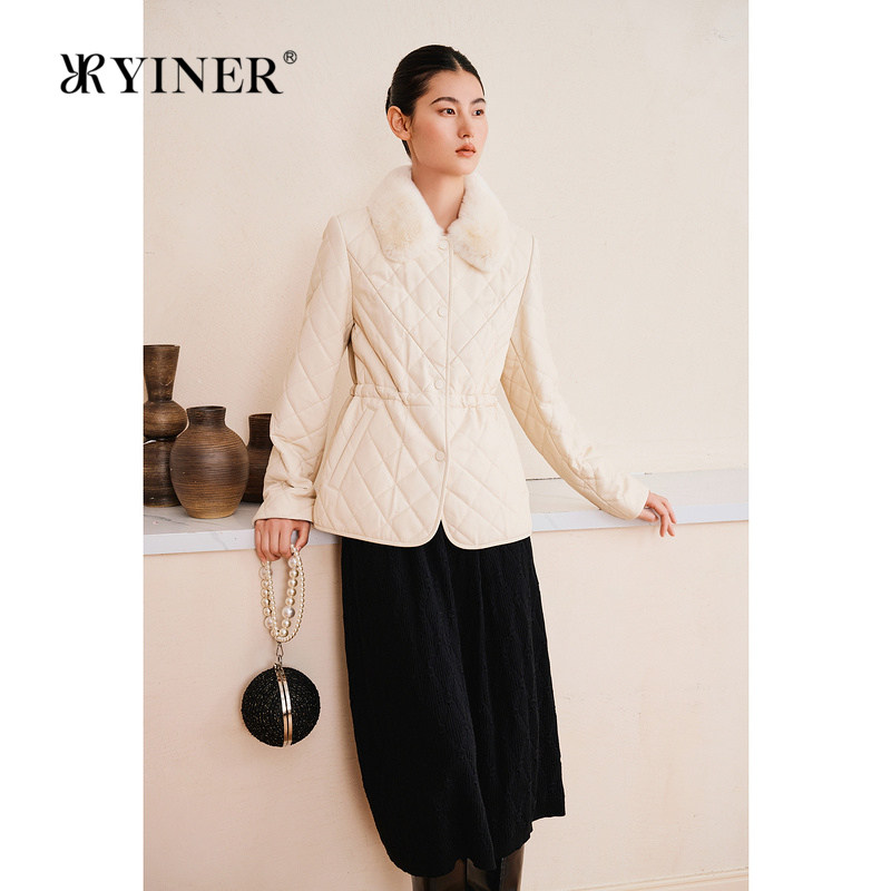 YINER音儿专选春季新款獭兔毛领羊皮真皮皮衣骆驼毛绒棉服