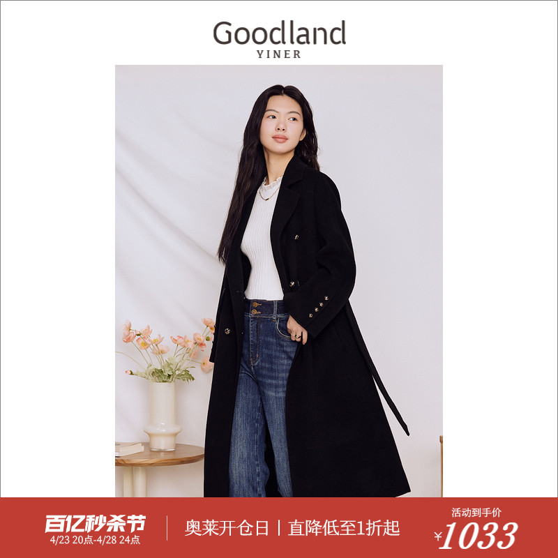 [100%绵羊毛]Goodland美地女装2023冬季翻领外套双面呢大衣