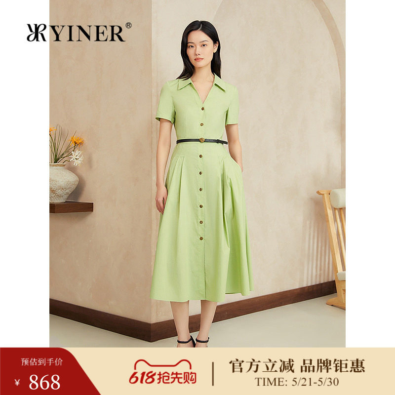 YINER音儿夏季新款法式衬衫翻领收褶收腰复古优雅连衣裙