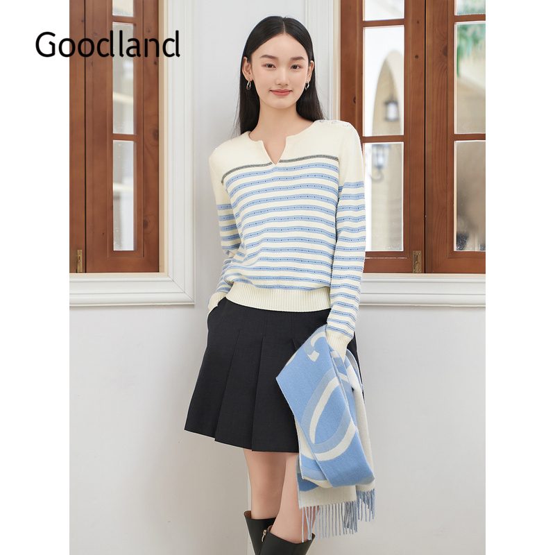 Goodland美地女装冬季时尚时尚撞色条纹半开领羊毛混纺针织衫套头