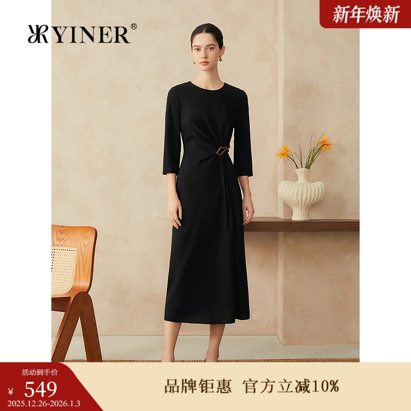 YINER音儿2025春季新款法式褶艺修身收腰气质小黑裙显瘦连衣