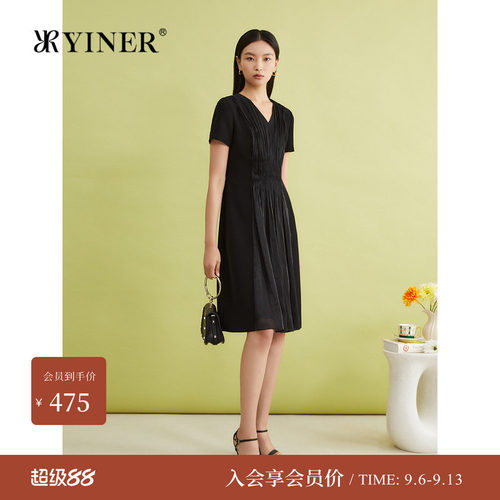 YINER音儿专选女装夏季法式优雅时尚艺术皱褶拼接V领连衣裙