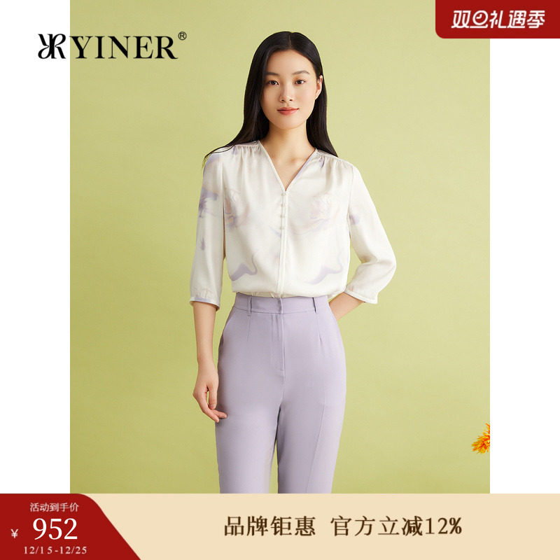 【真丝系列】YINER音儿夏季弹力双乔印花衬衫桑蚕丝上衣