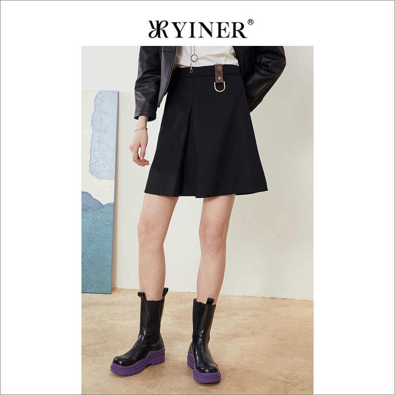 YINER音儿女装春季黑色高腰复古半身裙包臀修身a字裙