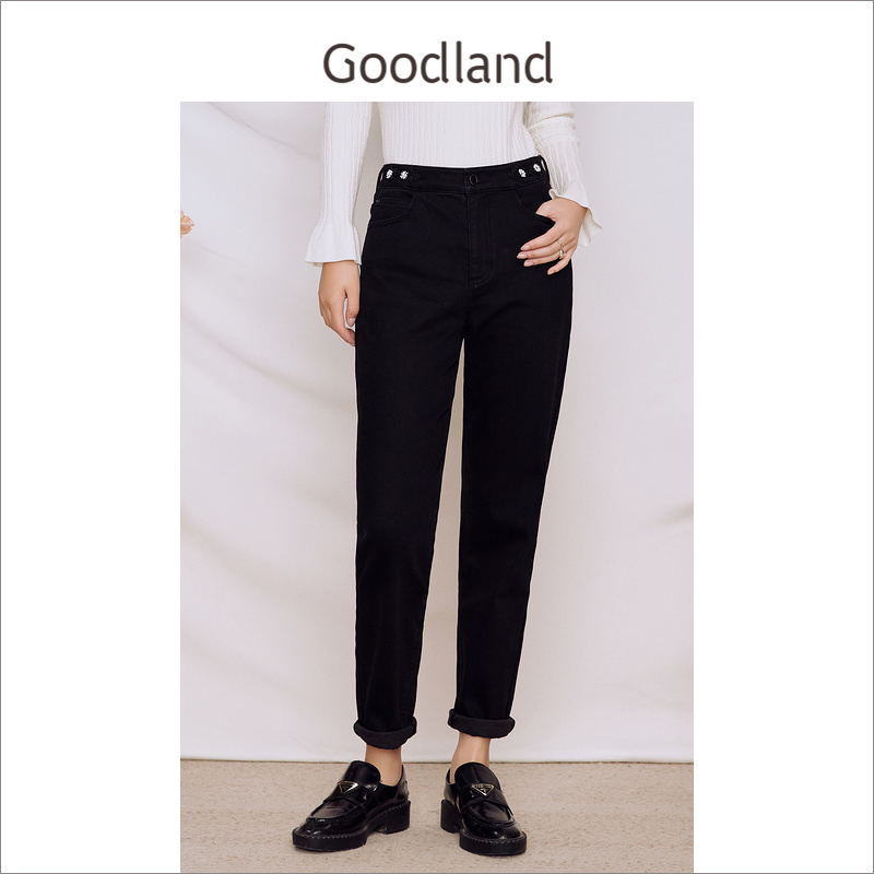 Goodland美地女装冬季松弛感火山岩牛仔锥形裤竹纤维长裤