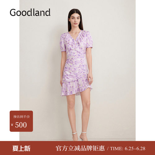 【博主同款】Goodland美地夏季真丝浪漫印花荷叶边连衣裙