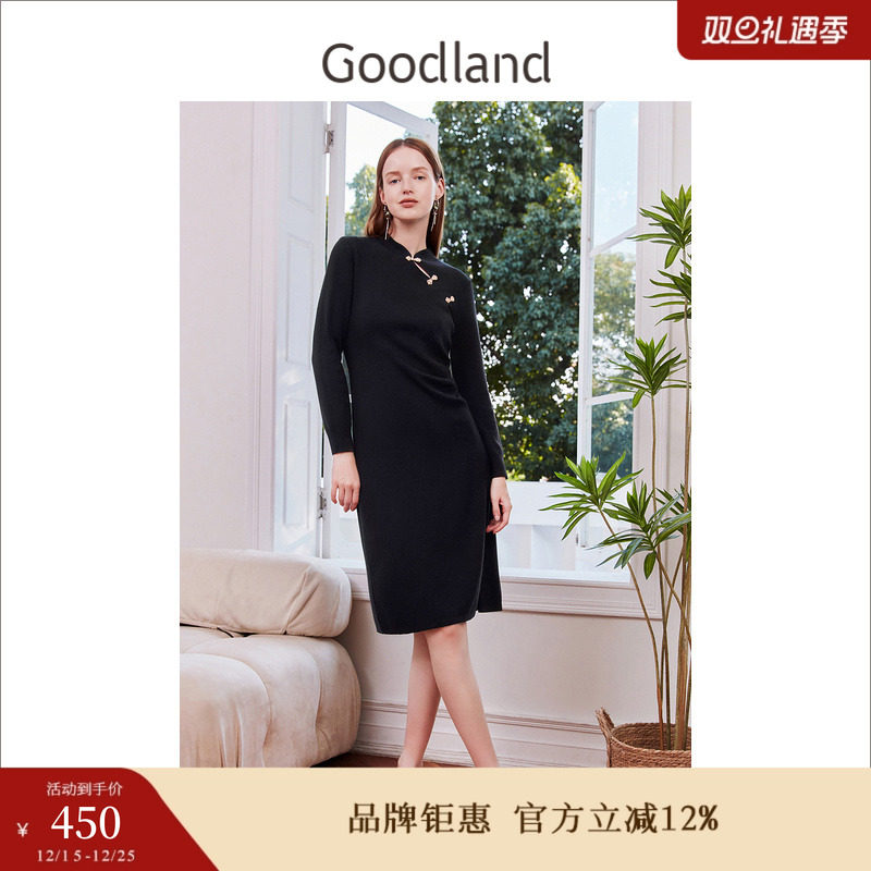 【新中式】Goodland美地女装冬季时尚金属扣皱褶收腰针织连衣