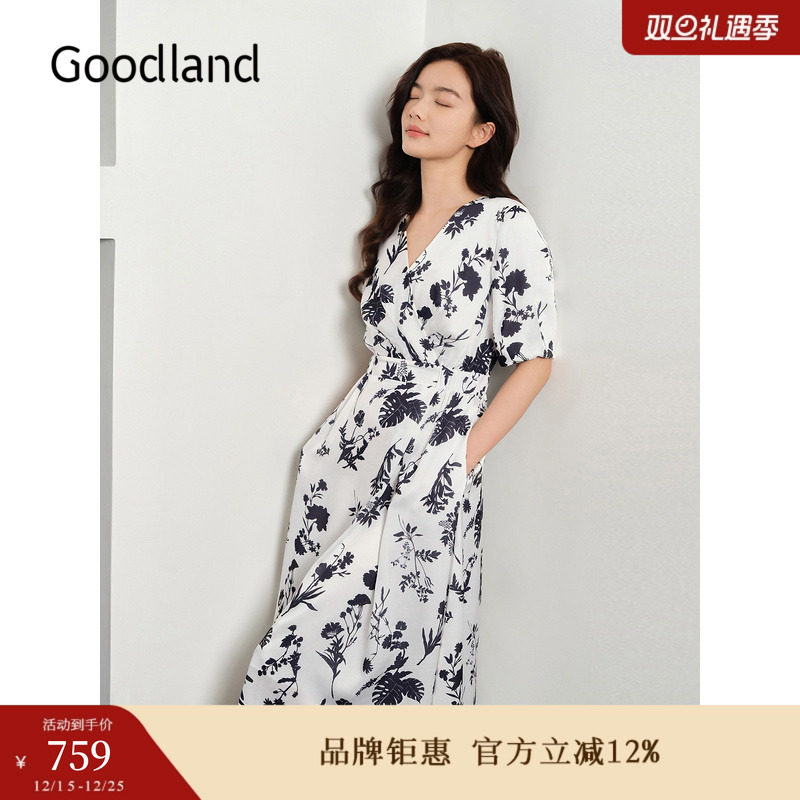 Goodland美地女装夏季时尚艺术印花V领收腰连衣裙