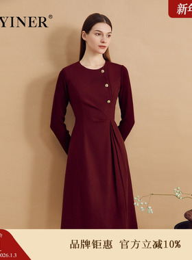 【中国红】YINER音儿专选冬季羊毛侧门禁捏褶收腰连衣裙