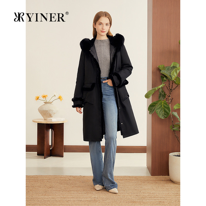 YINER音儿专选冬季新款可拆卸内胆水貂毛镶边狐狸毛领羽绒服
