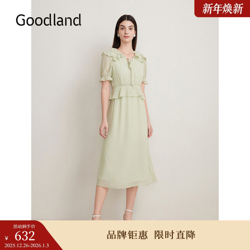 Goodland美地夏季法式荷叶边仙女收腰连衣裙