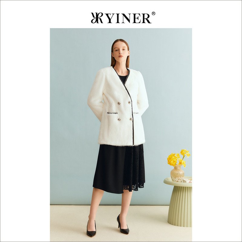 YINER音儿女装冬季法式优雅绒暖水貂毛皮真皮皮草白色外套