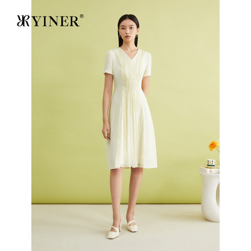 YINER音儿专选夏季法式优雅压褶V领收腰小A字连衣裙