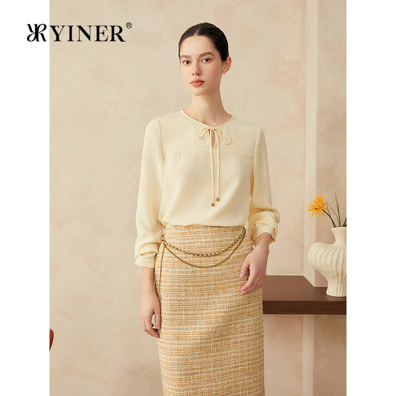 YINER音儿女装春季法式系带圆领弹力重绉桑蚕丝衬衫上衣长袖通勤